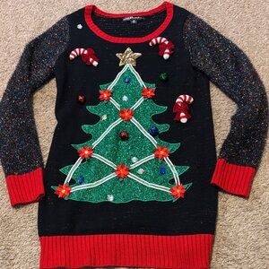 Festive Christmas Tree Sweater with Red Accents